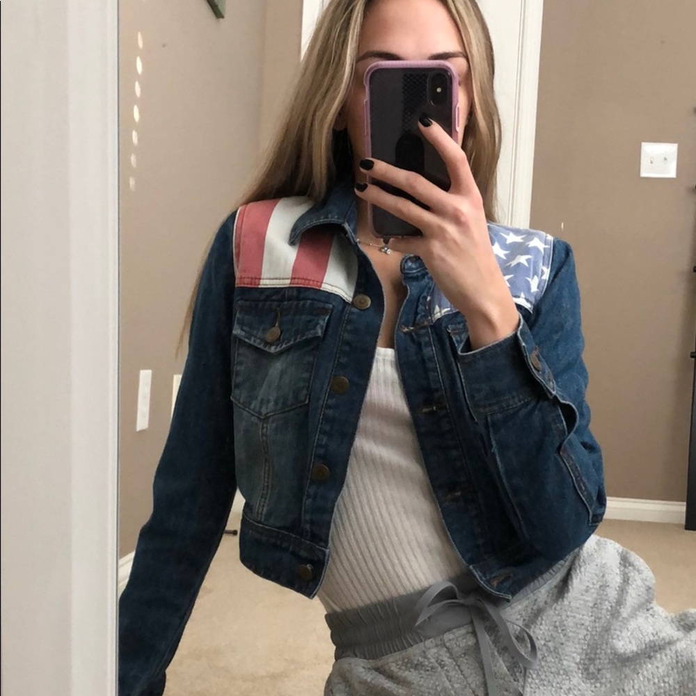 American Flag Cropped Jean Jacket